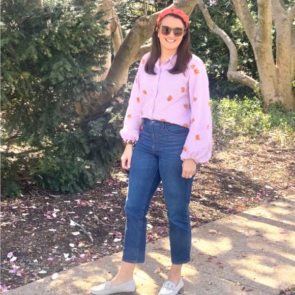 Anthropologie Maeve Pink Seersucker
Embroidered orange Bishop Sleeve, size large - Picture 3 of 13